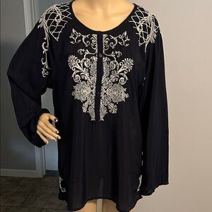 Johnny Was Navy Blouse with White Embroidery